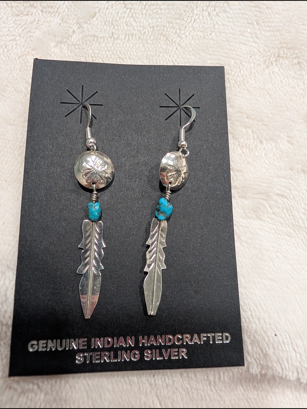 Navajo Sterling Silver Feather Earrings with Turquoise Bead By Marvin Arviso